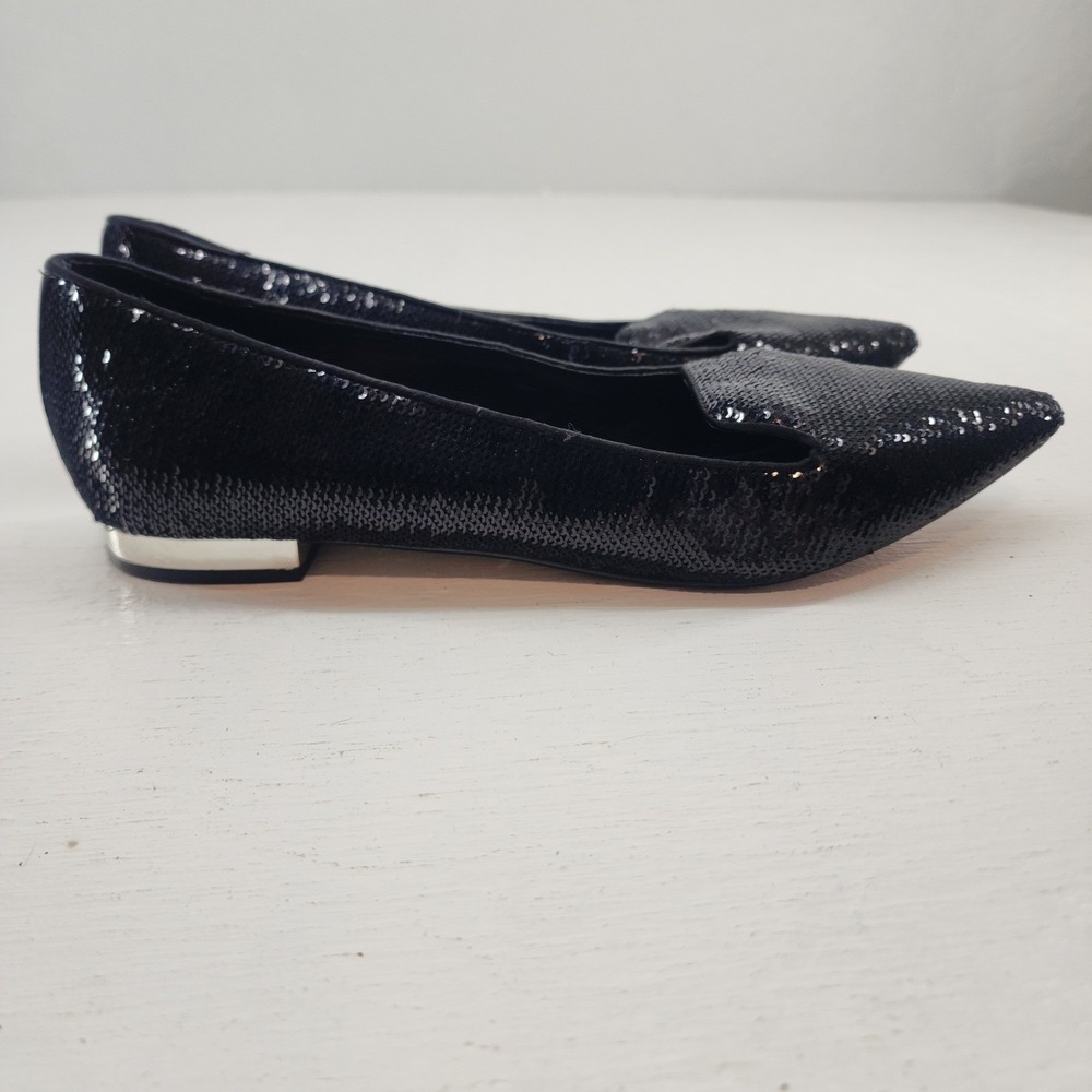 WHBM 8.5M | Starla Black Sequin Pointed Toe Smoking Loafers Flats Shoes Glam - Picture 3 of 7
